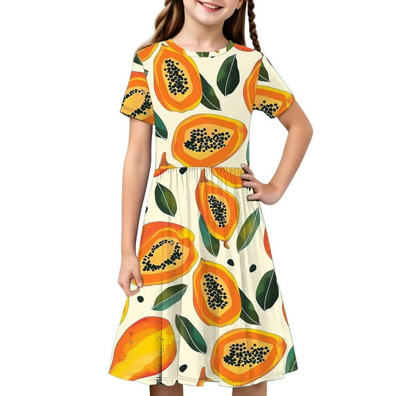 Avrntaa Girls Baggy Short Sleeve Dress Summer A-Line Maxi Dresses Graphic Print Flowy Sundress for 4-14Y