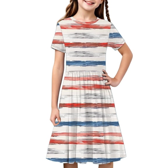 Avrntaa Girls Baggy Short Sleeve Dress Summer A-Line Maxi Dresses Graphic Print Flowy Sundress for 4-14Y