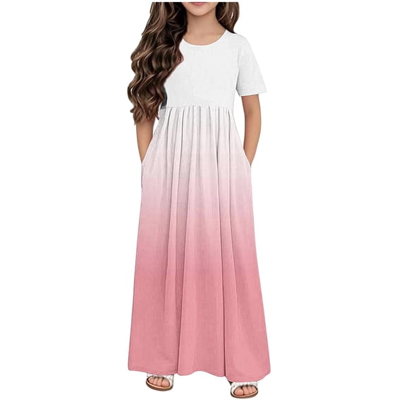 Avrntaa Girls Baggy Summer Dress Short Sleeve Maxi Gradient Dress Casual A-Line Lightweight Sundress for 4-14Y