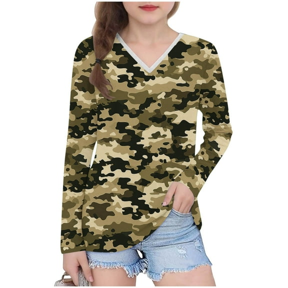 Avrntaa Girls Camouflage Print T-shirt Casual V Neck Fall Tops Loose Long Sleeve Layer Shirt