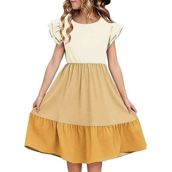 Avrntaa Girls Color Block Dress Ruffle Sleeve Swing Midi Dresses Summer Casual Sundress for 5-14Y