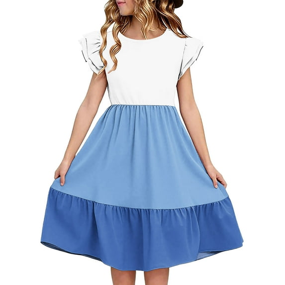 Avrntaa Girls Cute Sundress Ruffle Sleeve Color Block Dress Summer Swing Midi Dresses for 5-14Y