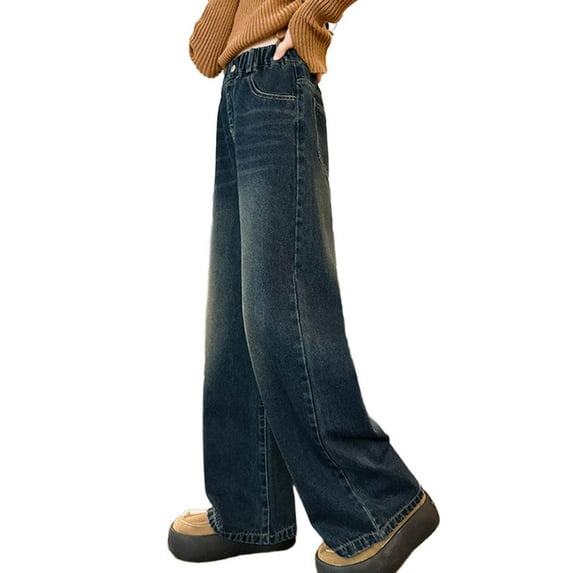 Avrntaa Girls High Waist Jeans Baggy Denim Pant with Pocket Kids Wide Leg Long Pants for 5-15Y