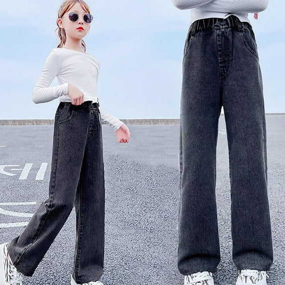 Avrntaa Girls Jean Pants - Juniors Elastic High Waist Wide Leg Baggy Ripped Denim Pants with Pockets