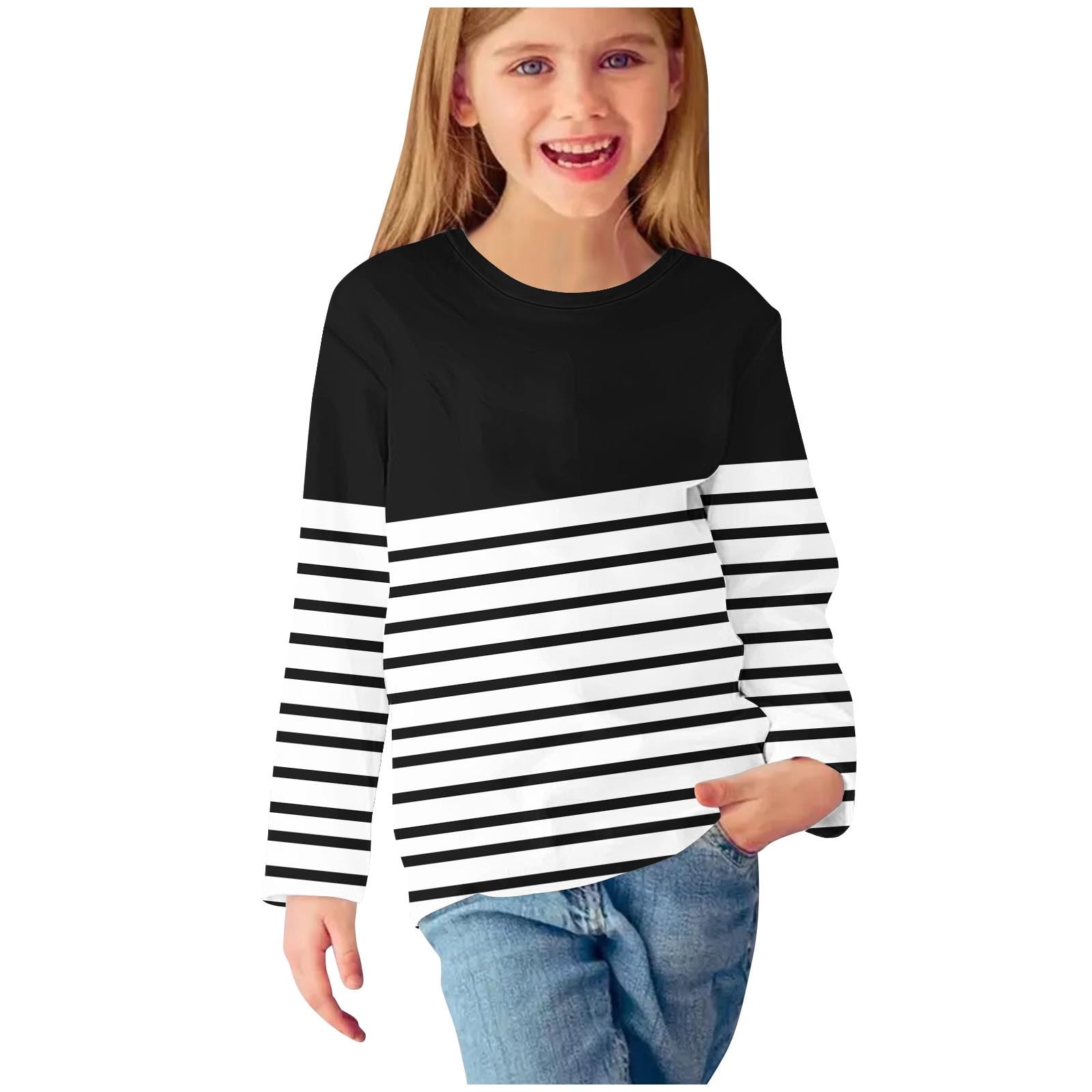 Avrntaa Girls Long Sleeve Shirt - Color Block Casual Striped Crew Neck Long  Sleeve Shirts Juniors Clothing Clearance Black Size 5T - Walmart.com, image size:1600x1600
