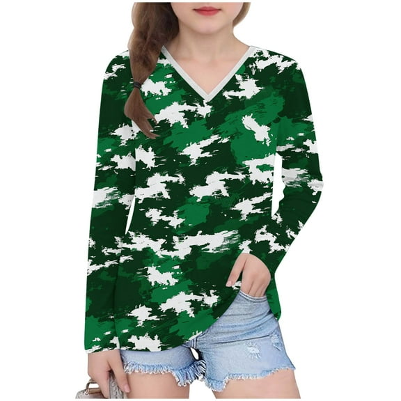 Avrntaa Girls Loose V Neck T-shirt Fall Trendy Camouflage Print Tops Long Sleeve Outdoor Shirt