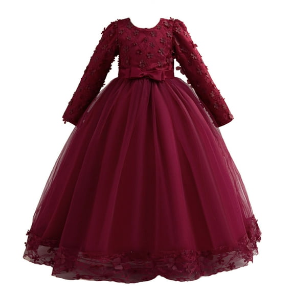 Avrntaa Girls Maxi Gown Dress Long Sleeve Tulle Vintage Dresses Lace Floral Trim Wedding Party Princess Dress