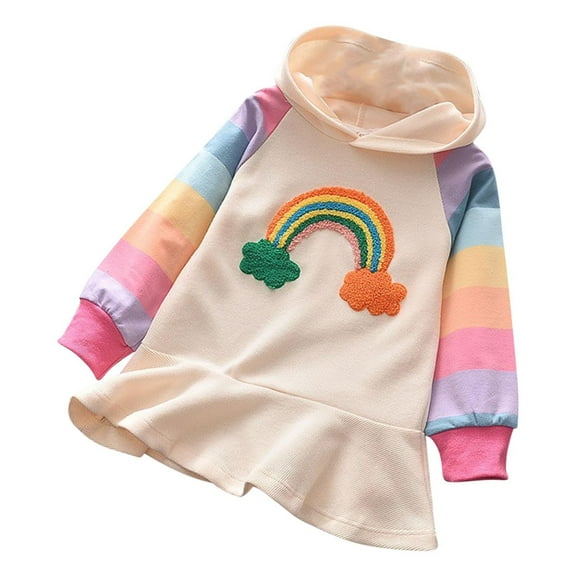 Avrntaa Girls Rainbow Knitted Hoodie Dress Long Sleeve Ruffle Hem Sweatshirt Dress Casual Spring Dress