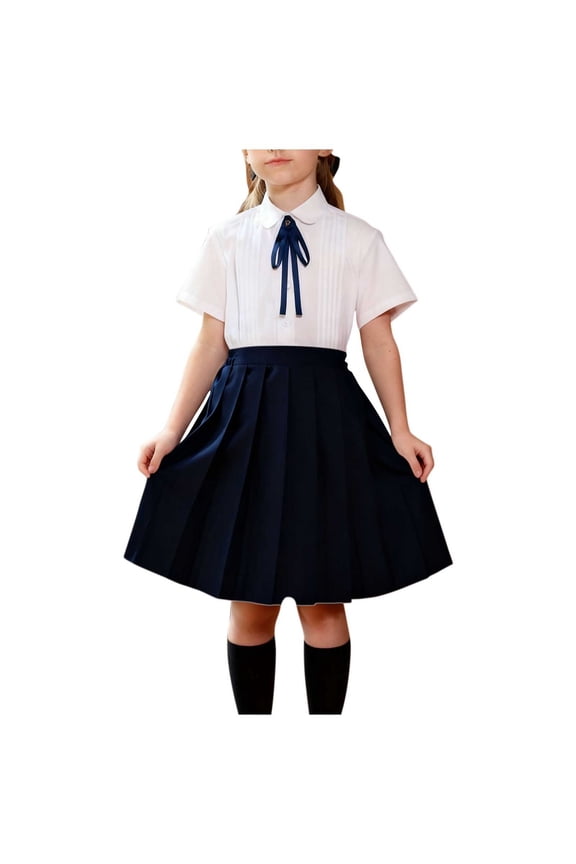 Girls' School Uniform Outfit Casual 2 Piece JK Set Bow Tie Short Sleeve Shirt and Pleated Skirt,3-15Y