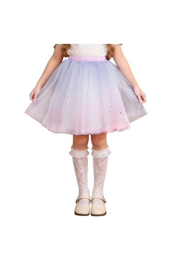 Girls Sequins Tulle Skirts A-line Cute Tutu Skirt Elastic Waist Baggy Skort Dance 3-16Y