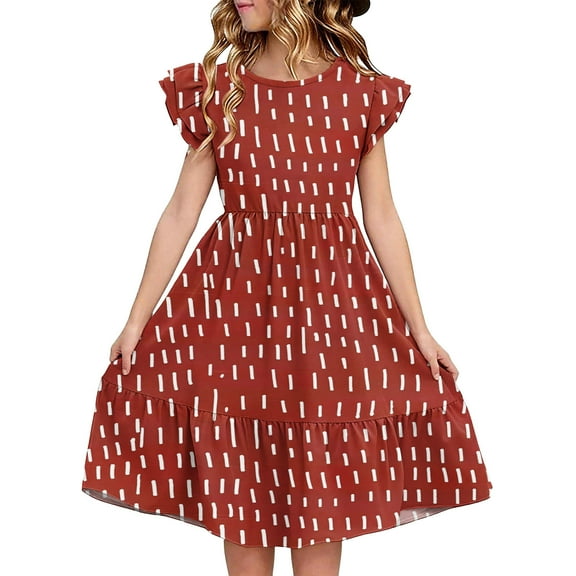 Avrntaa Girls Short Sleeve Dress with Ruffles Crew Neck A-Line Swing Casual Summer Midi Dress 5-14 Years