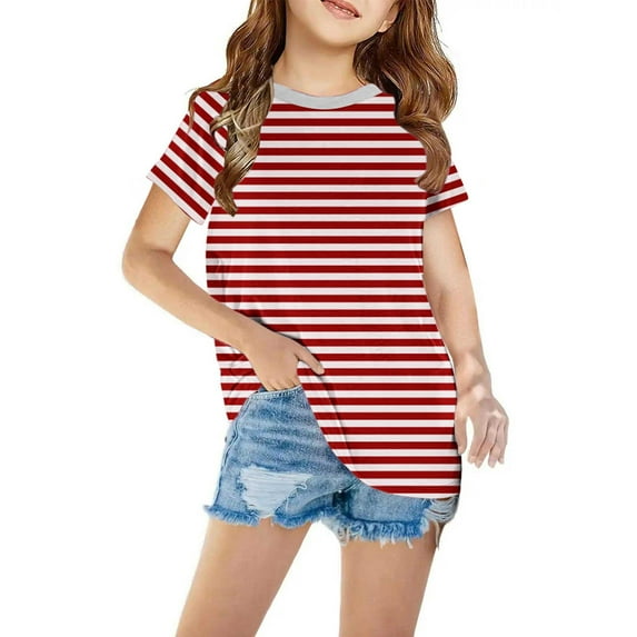 Avrntaa Girls Short Sleeve T Shirts - Cute Crewneck Striped Shirts Casual Summer Tops 3-14 Years