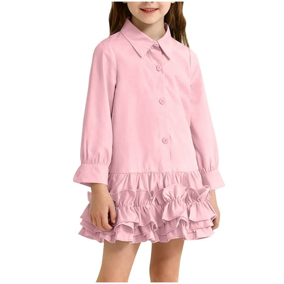 Avrntaa Girls Spring Long Sleeve Shirt Dress Button Down Ruffle Hem Dress Casual Solid Outfits 1-10 Years