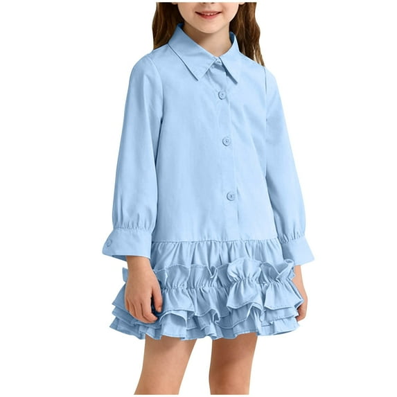 Avrntaa Girls Spring Long Sleeve Shirt Dress Button Down Ruffle Hem Dress Casual Solid Outfits 1-10 Years
