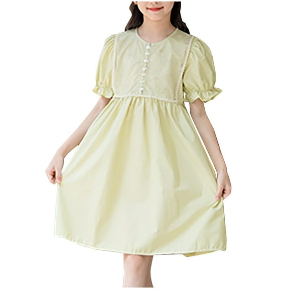 Avrntaa Girls Summer A-Line Dress Lace Puff Sleeve Casual Dresses Knee Lenght Swing Sundress 6-16Y