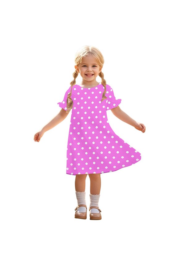 Girls Summer Dots Dresses Ruched Short Sleeve Dress Casual A-Line Swing Dress for 3-12 Y