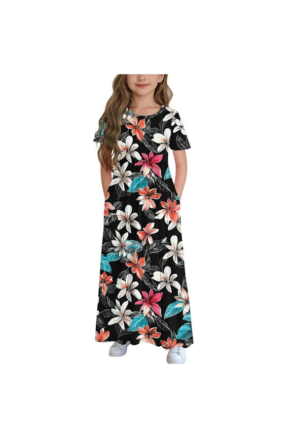Girls Summer Maxi Dress Casual Floral Print Short Sleeve Dress A-Line Holiday Sundress with Pockets