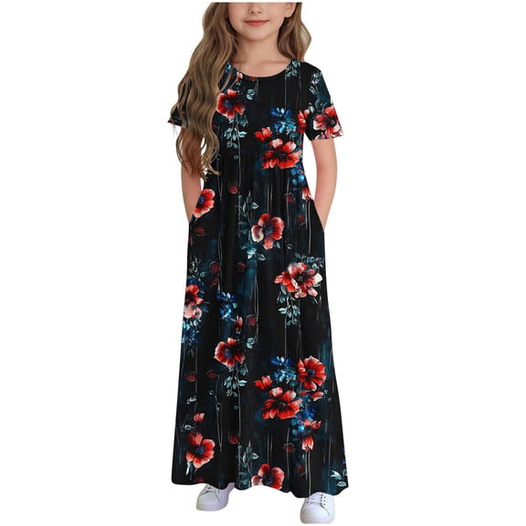 Avrntaa Girls Summer Maxi Dress Casual Floral Print Short Sleeve Dress A-Line Holiday Sundress with Pockets