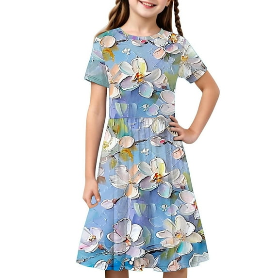 Avrntaa Girls Summer Sundress Cute Print Short Sleeve Dresses Lightweight Casual Dress for 4-14Y