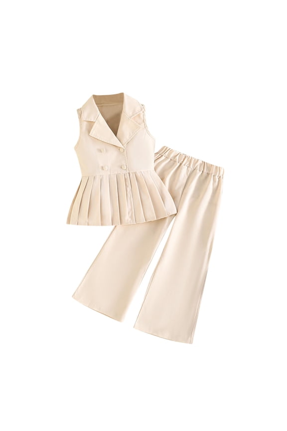 Girls Trendy 2 Piece Lapel Ruched Vest and Elastic Waist Wide Leg Pant Summer Cute Sets