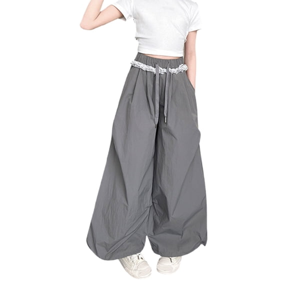 Avrntaa Girls Wide Leg Pants Lace Trim High Waist Trousers Sping Casual Drawstring Pant for 5-16Y