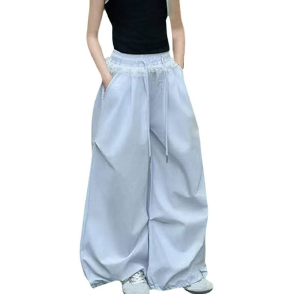 Avrntaa Girls Wide Leg Pants Lace Trim High Waist Trousers Sping Casual Drawstring Pant for 5-16Y