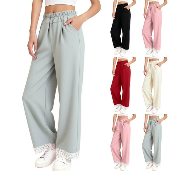 Avrntaa Kids Girls Fall Casual Sweatpants Straight Leg Lace Trim Pants Loose Solid Trendy Trousers for 1-13Y