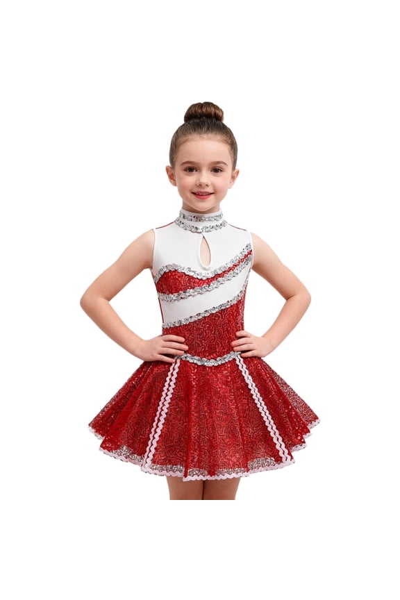Kids Girls Sequins Dress Sleeveless Cheer Leader Dance Dresses Cheerleading Summer Dress