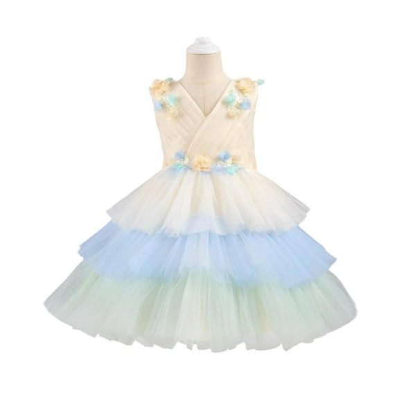 Avrntaa Little Girl Tulle Dress Sleeveless V Neck Floral Princess Dresses Flower Girls Wedding Pageant Bridesmaid