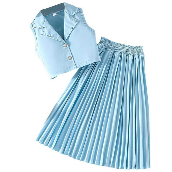 Avrntaa Little Girls Casual 2 Pieces Set Button Lapel Vest Pleated A-line Long Skirt Summer Outfits for 2-8Y