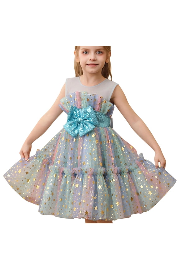 Little Girls Cute Tulle Tutu Dress Star Print Pageant Party Prom Gown Sleeveless Ruffle Glitter Dresses