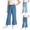 thumbnail image 1 of Avrntaa Little Girls Elastic Waist Denim Pants Baggy Wide Leg Pants Cute Flower Embroidery Casual Trousers, 1 of 5