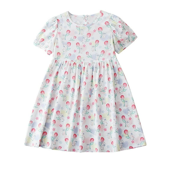 Avrntaa Little Girls Short Sleeve Summer Dress Floral Print Cotton Casual Sundress Cute Boho Outfit 3-14Y