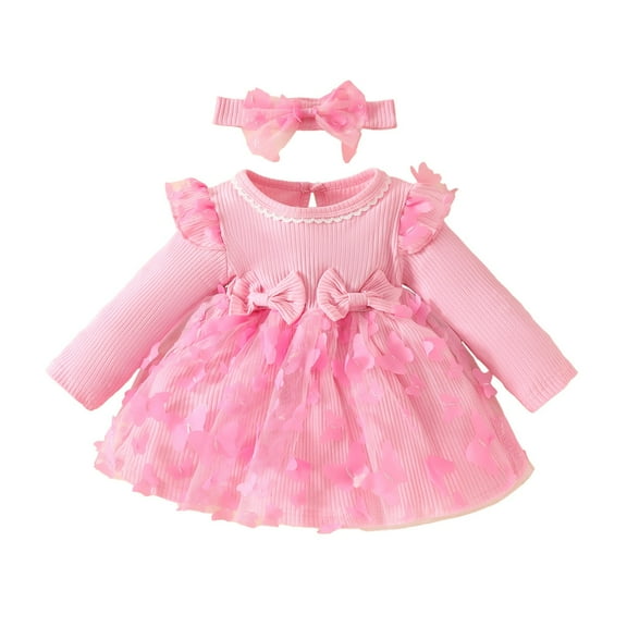 Avrntaa Newborn Girls Ribbed Dress Lace Flower Tulle Dress Bow Cute Party Outfits 6M-3Y with Headband