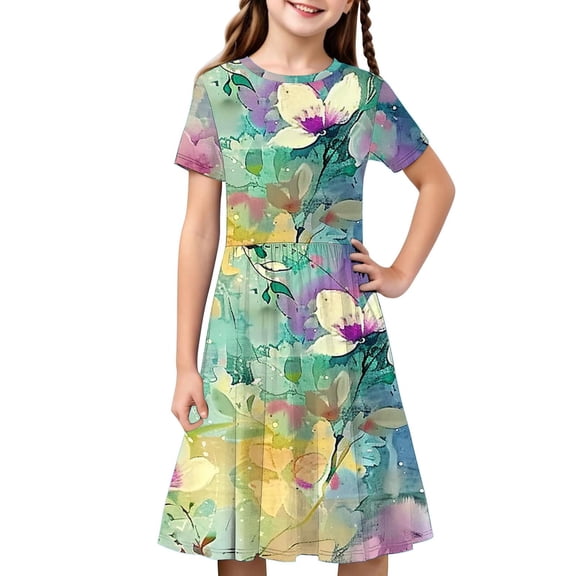Avrntaa Summer Short Sleeve Dress for Girls Graphic Print A-Line Maxi Dresses Breathable Flowy Sundress for 4-14Y