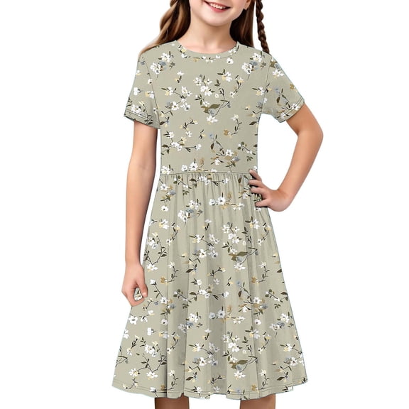 Avrntaa Summer Short Sleeve Dress for Girls Graphic Print A-Line Maxi Dresses Breathable Flowy Sundress for 4-14Y
