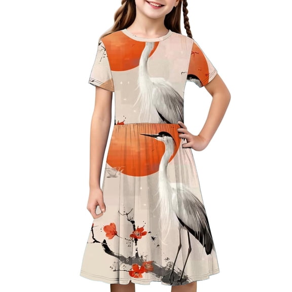 Avrntaa Summer Short Sleeve Dress for Girls Graphic Print A-Line Maxi Dresses Breathable Flowy Sundress for 4-14Y