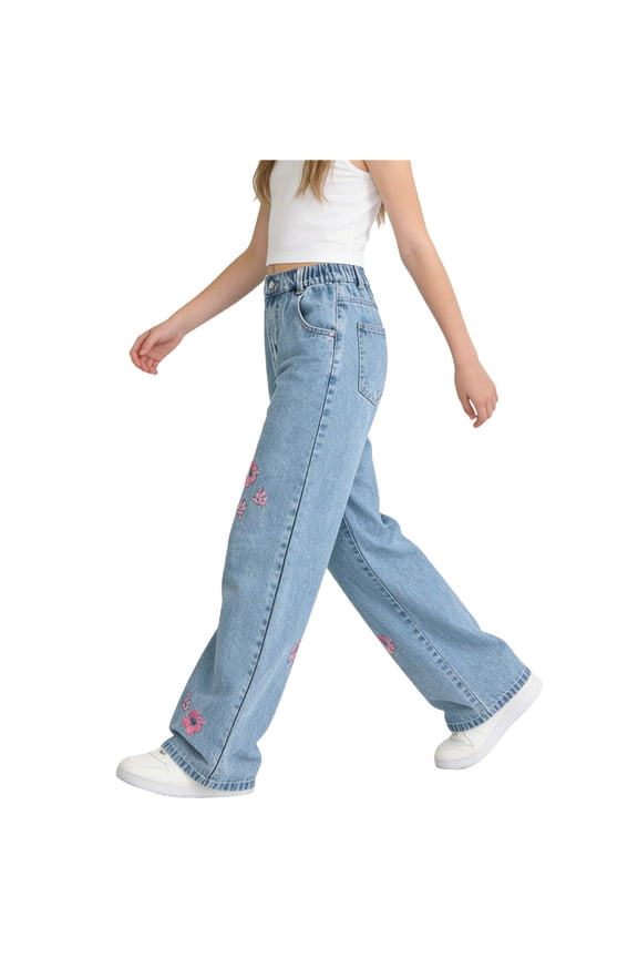 Teen Girls Retro Jeans Straight Leg Casual Trousers Floral Embroidery Spring Baggy Denim Pants for 6-13Y