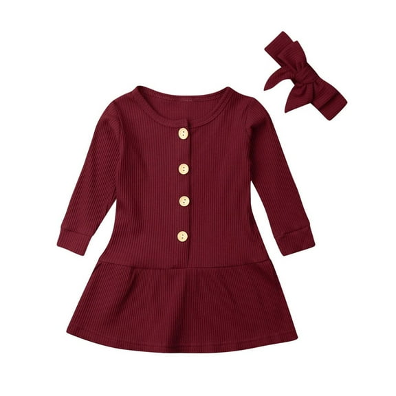 Avrntaa Toddler Girl Ribbed Dress – Cotton Long Sleeve Dresses, Button Trim A-Line Dress with Bowknot