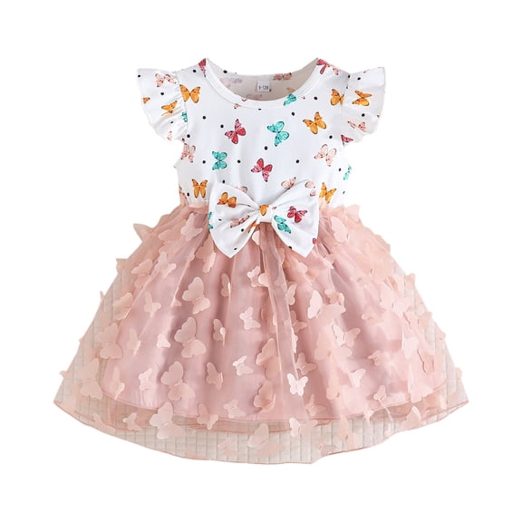 Avrntaa Toddler Girls Cute Tutu Dress Butterfly Print Tulle Trim Dress Bow Ruffle Sleeveless Sundress