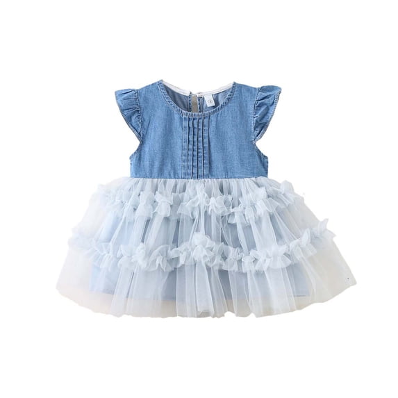 Avrntaa Toddler Girls Denim Tutu Dress Ruffle Sleeveless Tulle Dresses Ruched Mesh Dress for 6M-5Y