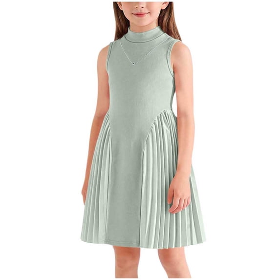 Avrntaa Toddler Girls Pleated Dress Sleeveless A-Line Cotton Dress Mock Neck Casual Dresses 2-8Y