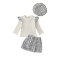 thumbnail image 1 of Avrntaa Toddler Girls Sweet Fall Outfits Ribbed Knit Ruffle Sleeve Top Plaid Mini Skirt and Hat Sets for 6M-4Y, 1 of 7