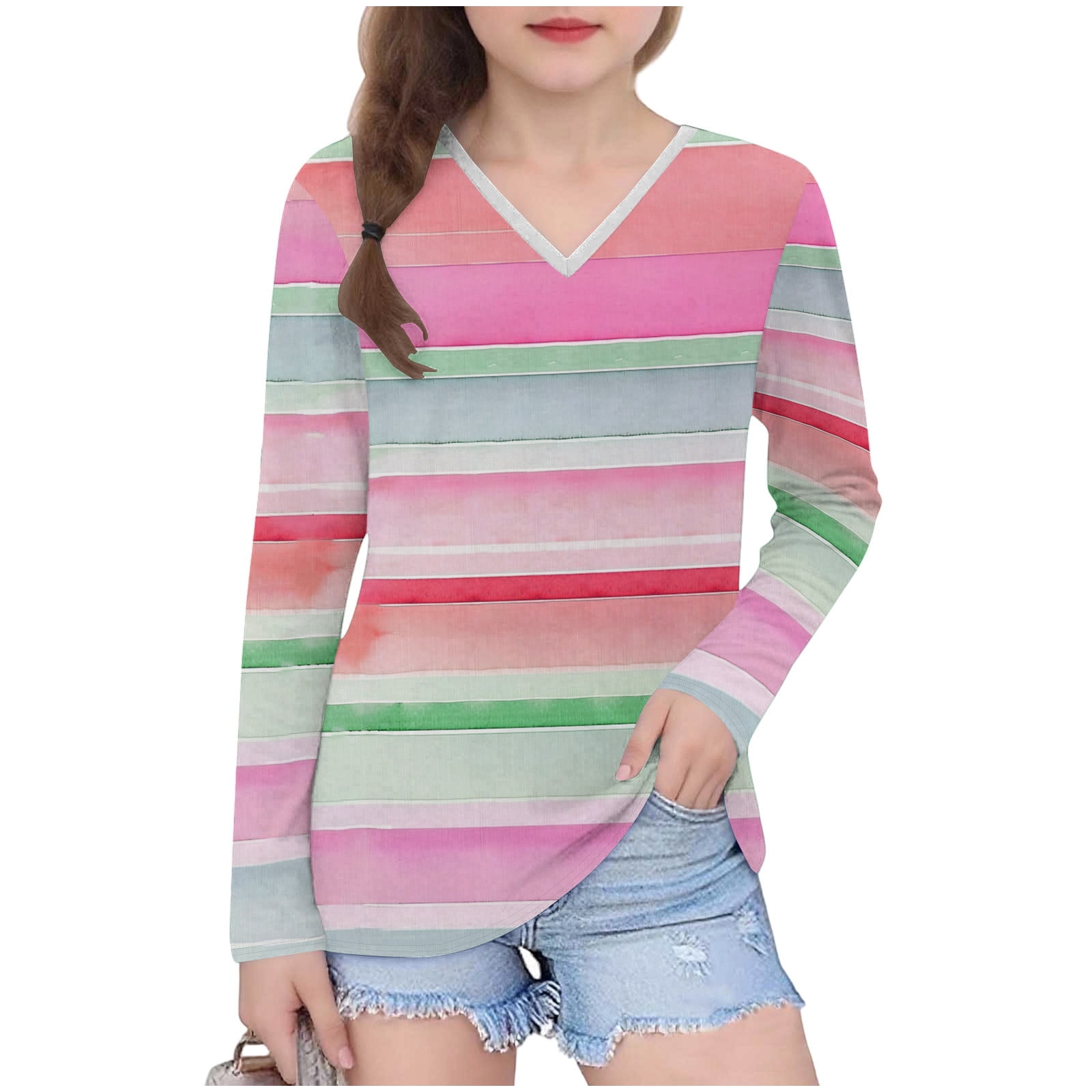 Avrntaa V Neck Tops for Girls Long Sleeve Striped Loose T Shirt Avrntaa V Neck Tops for Girls Long Sleeve Striped Loose T Shirt