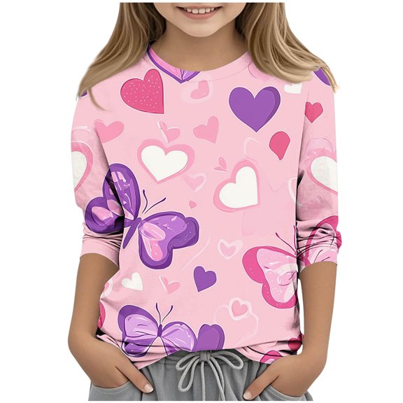 Avrntaa Valentine Loose Tee for Girls - Heart Print 3/4 Sleeve Top, Cute Oversized Pullover, Casual Roound Neck Tops