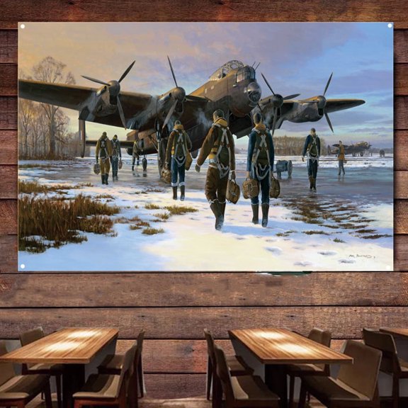 Avro Lancaster B.Mk.I Fighter Picture Wall Flag, Wall Art Wall Decor Tapestry Military Fighter Jet Poster Canvas Banner Artwork With 4 Metal Ring Buckles Ready to Hang 38" x 57"