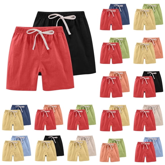 Avtoify 2PC Children's Boy-Girl Summer Solid-Linen Like with Drawstring Casual Sports Shorts Shorts