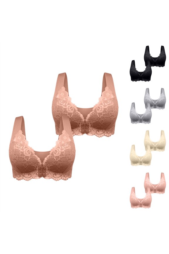 Avtoify 2PC Women's Lace Front Closure Bra Seamless Breathable Push-Up Full Cup-Exposure Innerwear Daily Bra