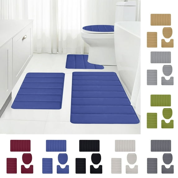 Avtoify 4Pcs Bathroom Rugs Set - Non-Slip, Ultra-Soft Absorbent Mats for Bath, Shower, Toilet - Quick Dry & Machine Washable Blue