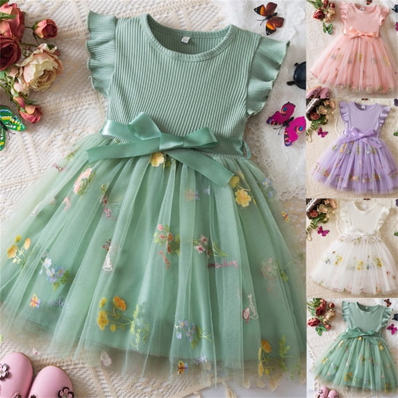 Avtoify Summer Girls Short Sleeve Round-Neck Dress Solid Color Ruffle Waist Embroidery Sleeve Elastic Garment for Girls Aged 1-6